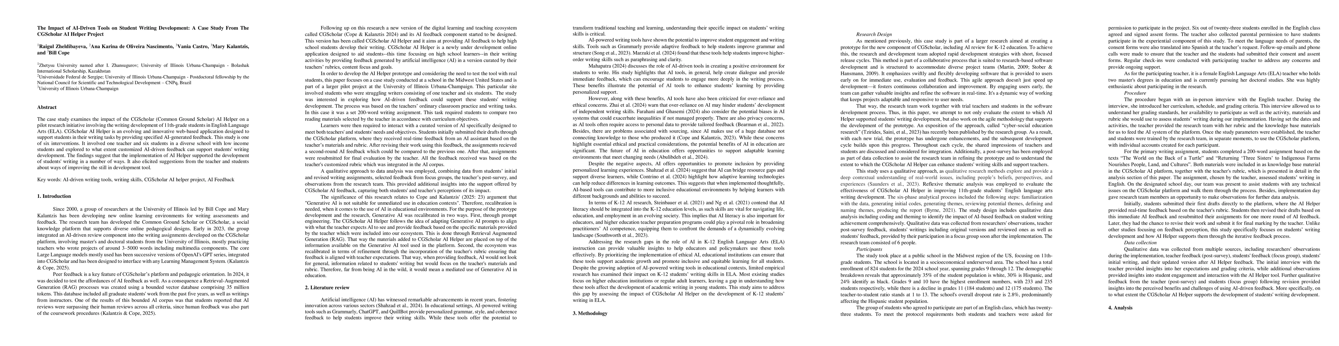 Thumbnail for The Impact of AI-Driven Tools on Student Writing Development: A Case
  Study From The CGScholar AI Helper Project