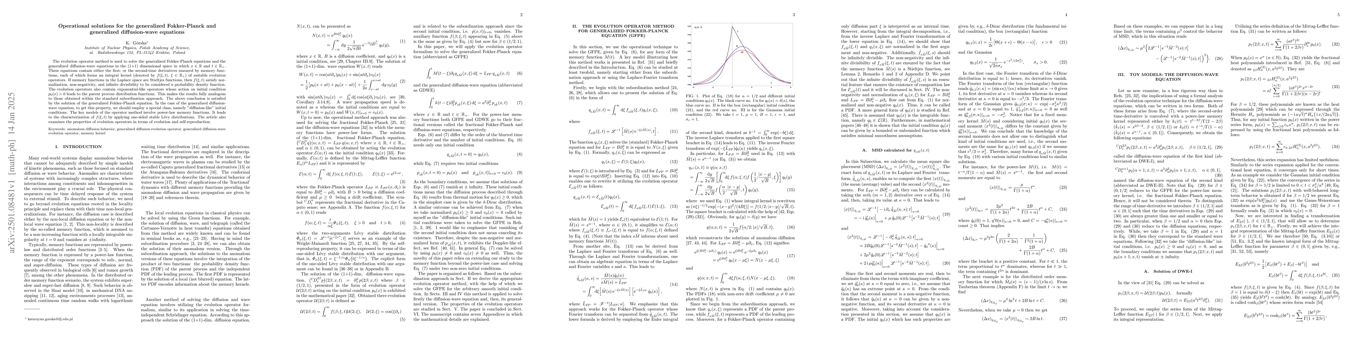 Thumbnail for Operational solutions for the generalized Fokker-Planck and generalized
  diffusion-wave equations