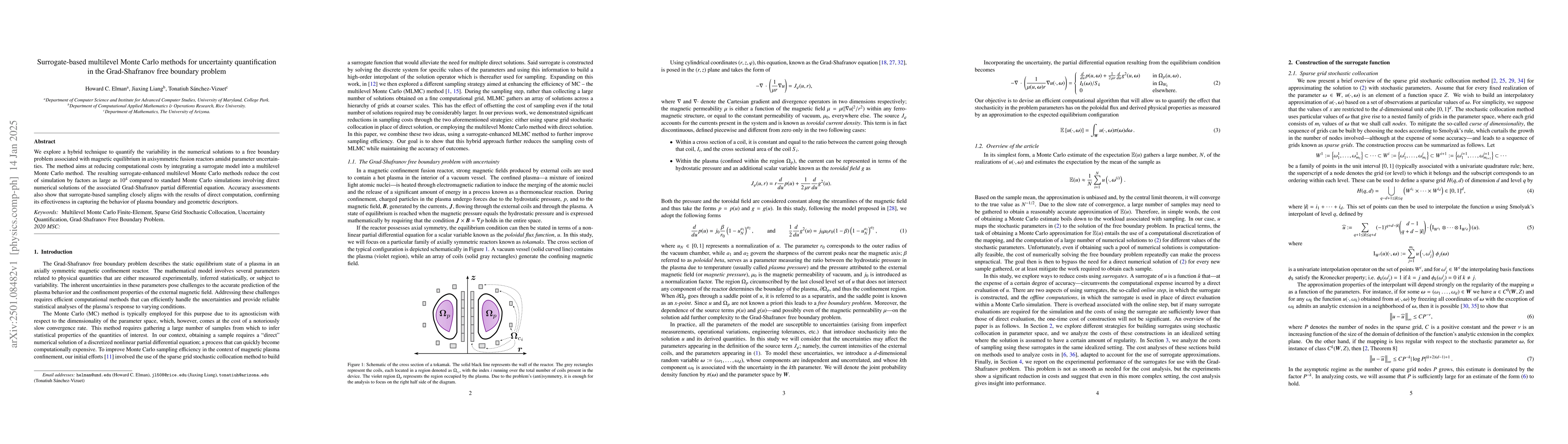 Thumbnail for Surrogate-based multilevel Monte Carlo methods for uncertainty
  quantification in the Grad-Shafranov free boundary problem