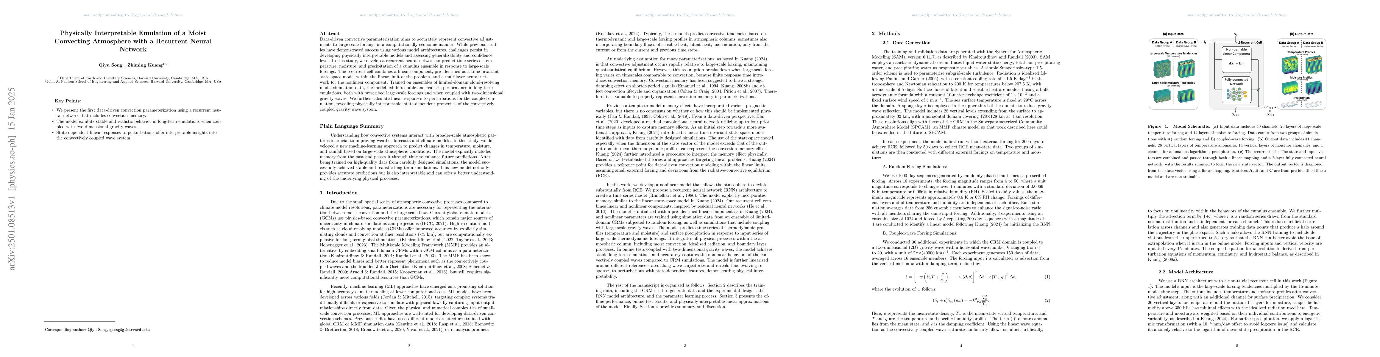 Thumbnail for Physically Interpretable Emulation of a Moist Convecting Atmosphere with
  a Recurrent Neural Network