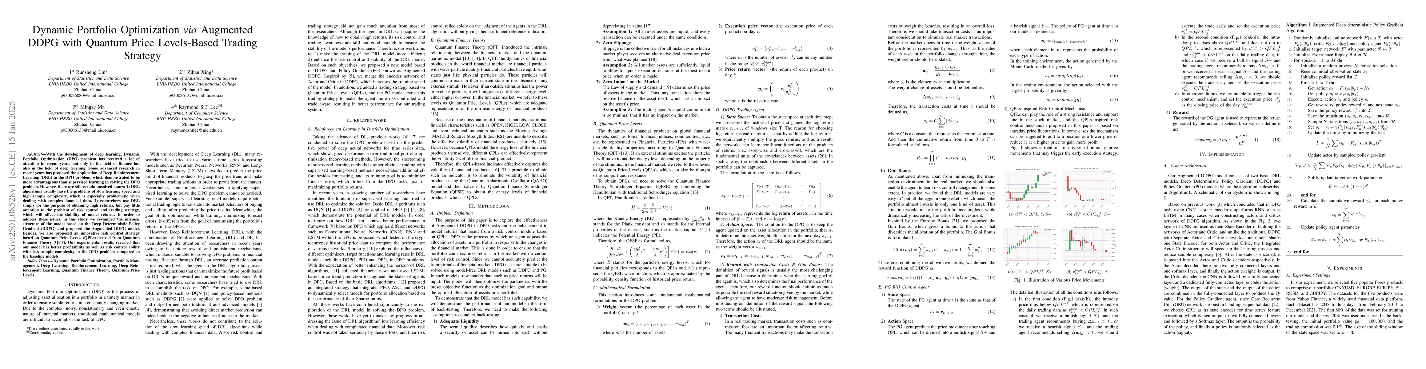Thumbnail for Dynamic Portfolio Optimization via Augmented DDPG with Quantum Price
  Levels-Based Trading Strategy