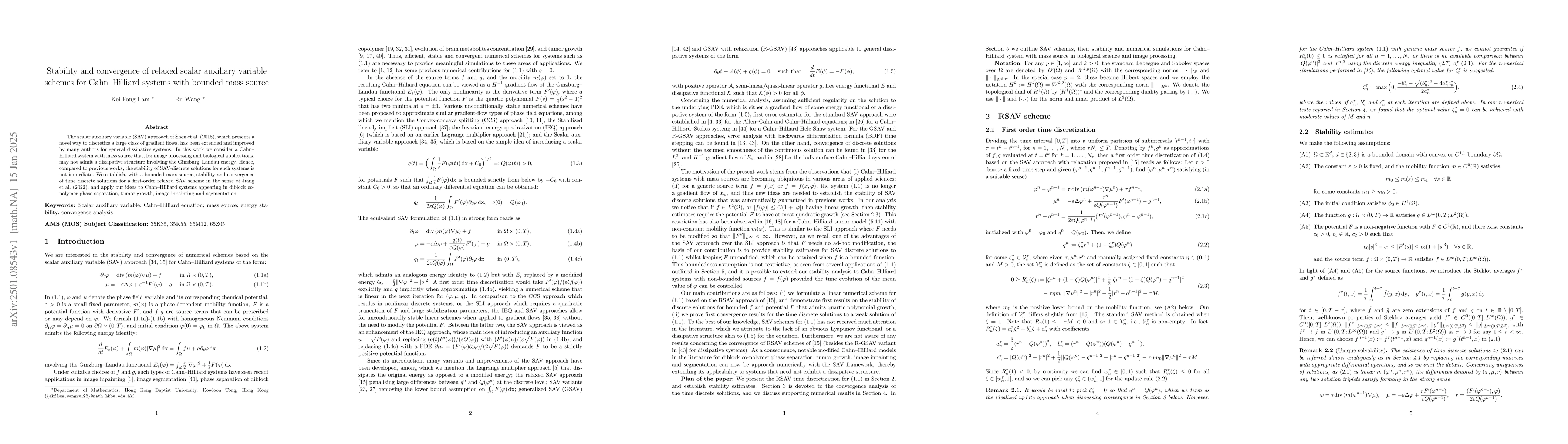 Thumbnail for Stability and convergence of relaxed scalar auxiliary variable schemes
  for Cahn-Hilliard systems with bounded mass source