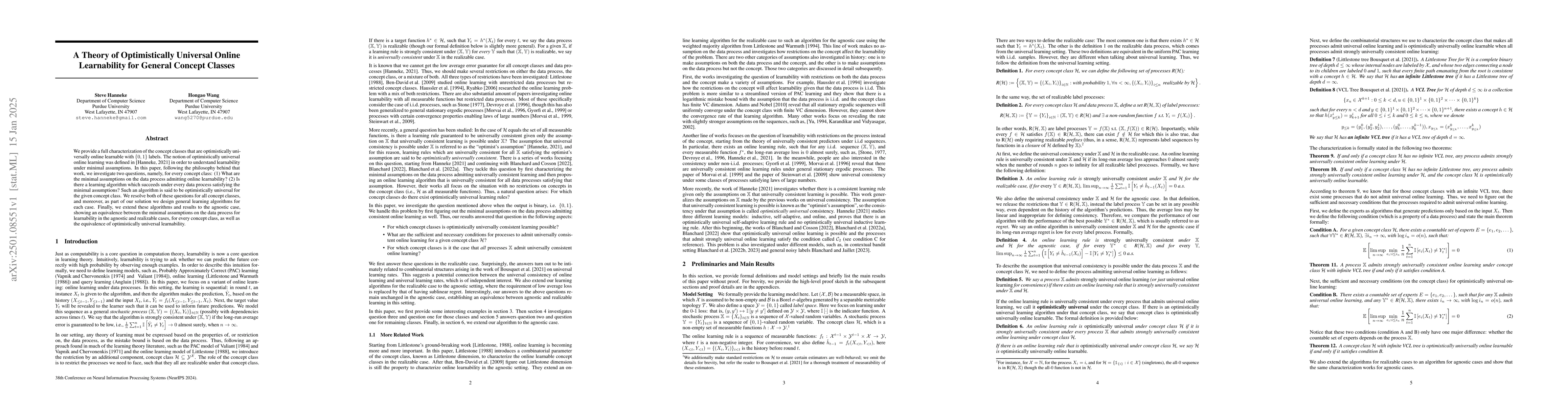 Thumbnail for A Theory of Optimistically Universal Online Learnability for General
  Concept Classes