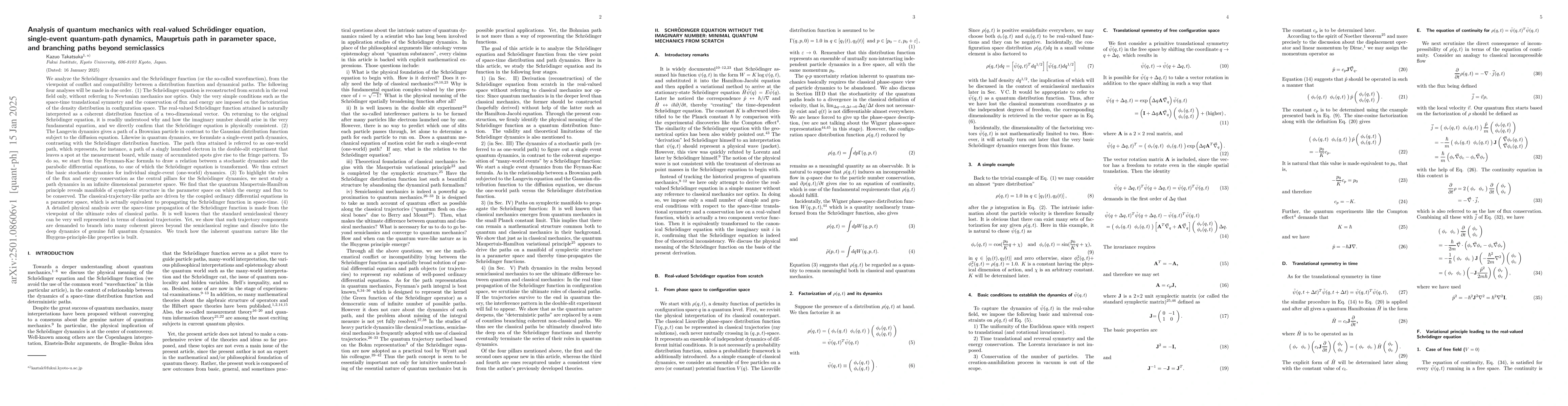 Thumbnail for Analysis of quantum mechanics with real-valued Schrödinger
  equation,single-event quantum-path dynamics, Mauprtuis path in parameter
  space, and branching paths beyond semiclassics