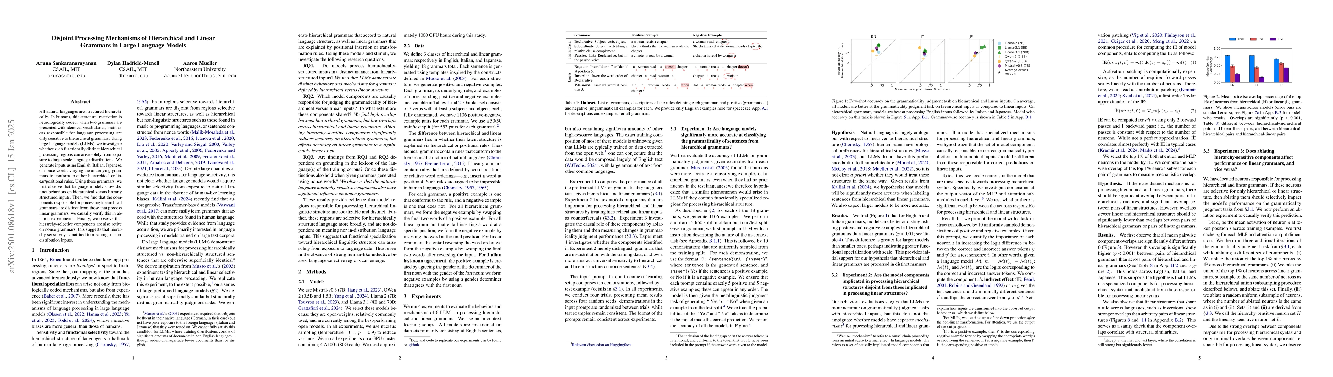Thumbnail for Disjoint Processing Mechanisms of Hierarchical and Linear Grammars in
  Large Language Models