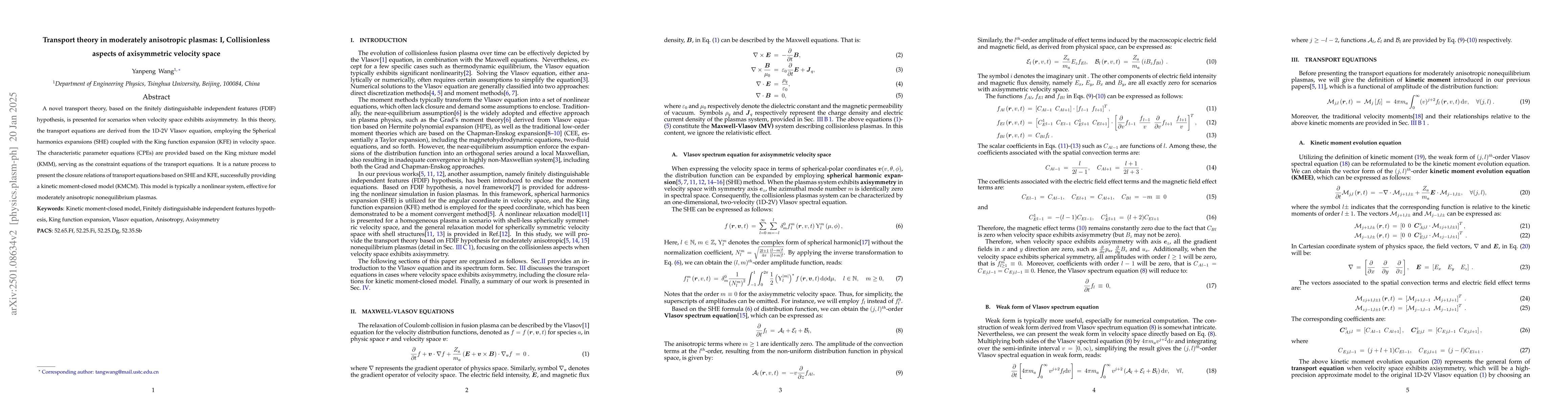 Thumbnail for Transport theory in moderately anisotropic plasmas: I, Collisionless
  aspects of axisymmetric velocity space