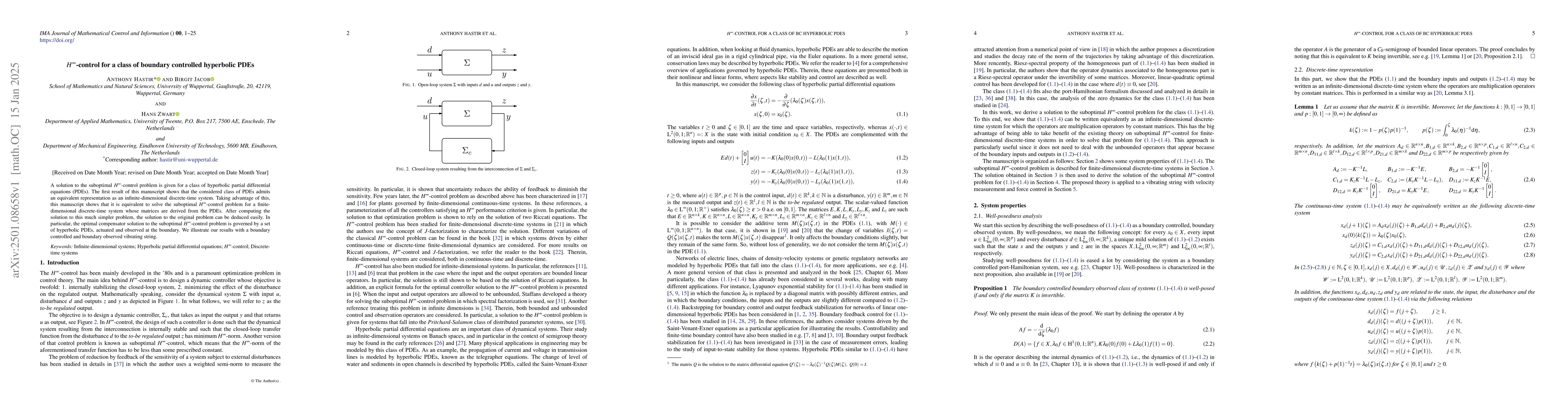 Thumbnail for $H^\infty$-control for a class of boundary controlled hyperbolic PDEs