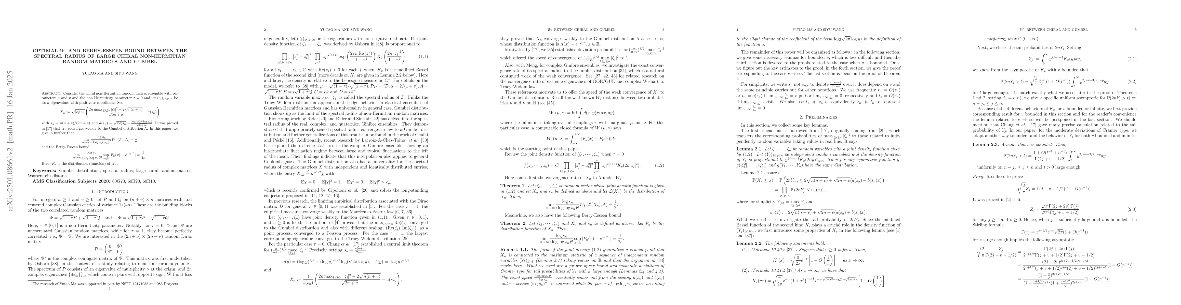 Thumbnail for Optimal $W_1$ and Berry-Esseen bound between the spectral radius of
  large Chiral non-Hermitian random matrices and Gumbel