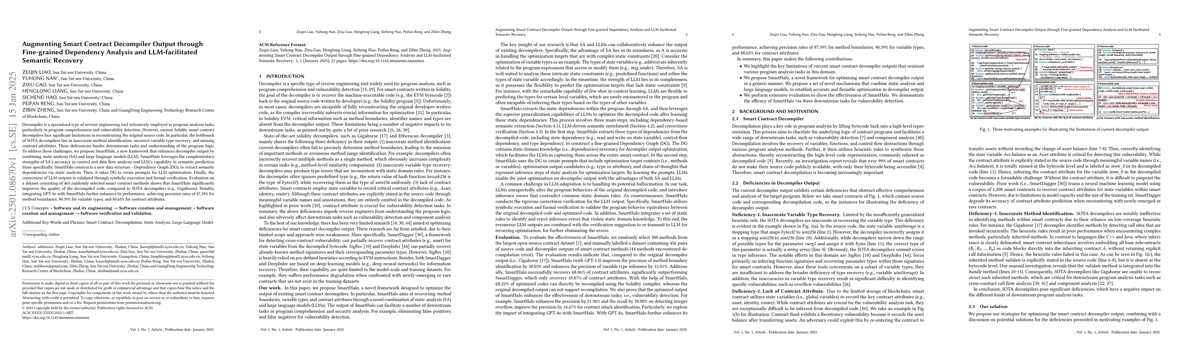 Thumbnail for Augmenting Smart Contract Decompiler Output through Fine-grained
  Dependency Analysis and LLM-facilitated Semantic Recovery