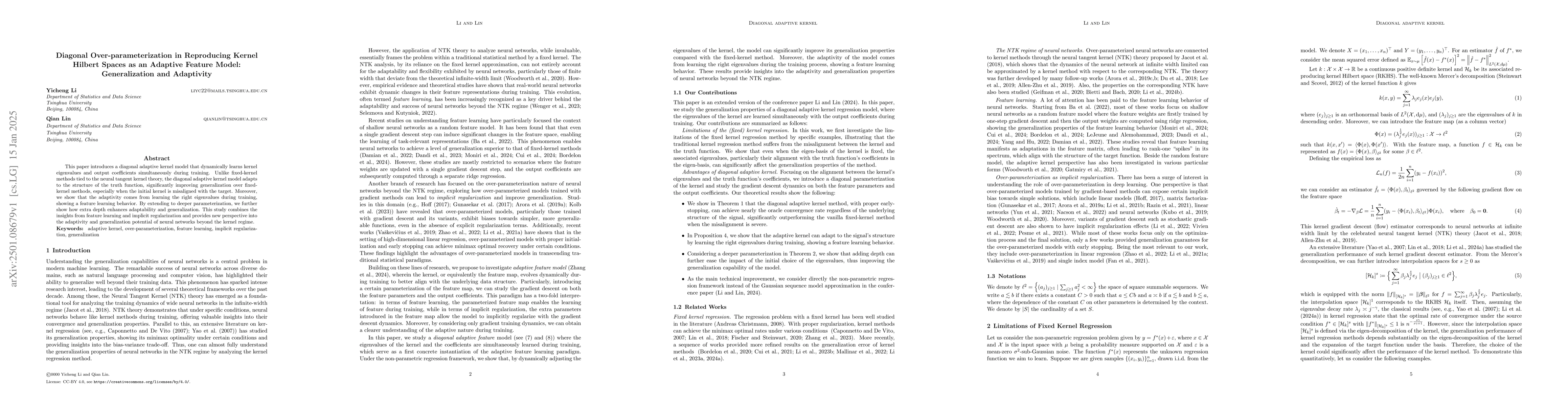 Thumbnail for Diagonal Over-parameterization in Reproducing Kernel Hilbert Spaces as
  an Adaptive Feature Model: Generalization and Adaptivity