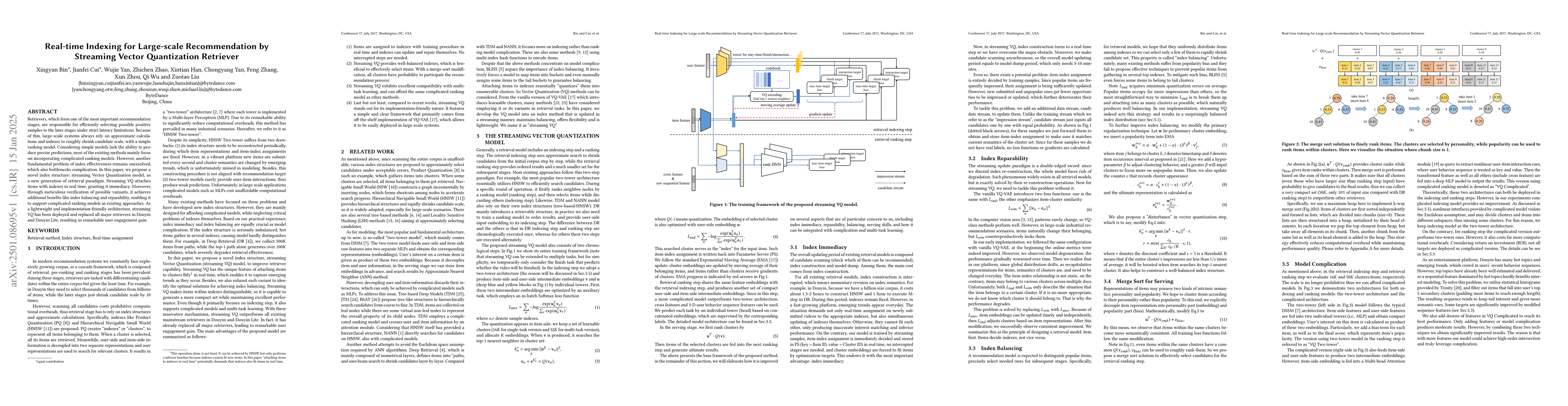 Thumbnail for Real-time Indexing for Large-scale Recommendation by Streaming Vector
  Quantization Retriever