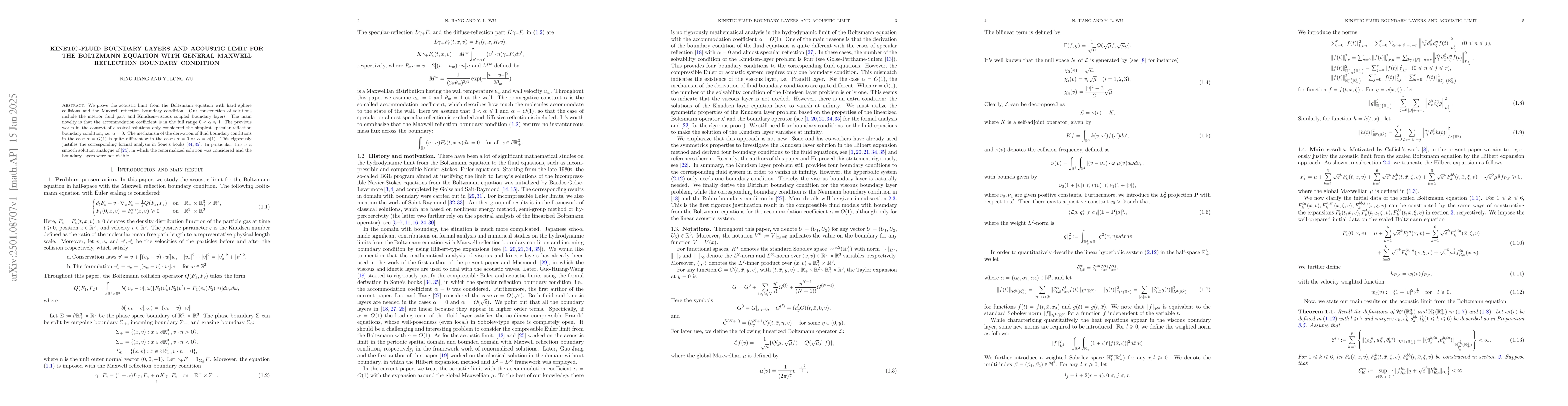 Thumbnail for Kinetic-fluid boundary layers and acoustic limit for the Boltzmann
  equation with general Maxwell reflection boundary condition