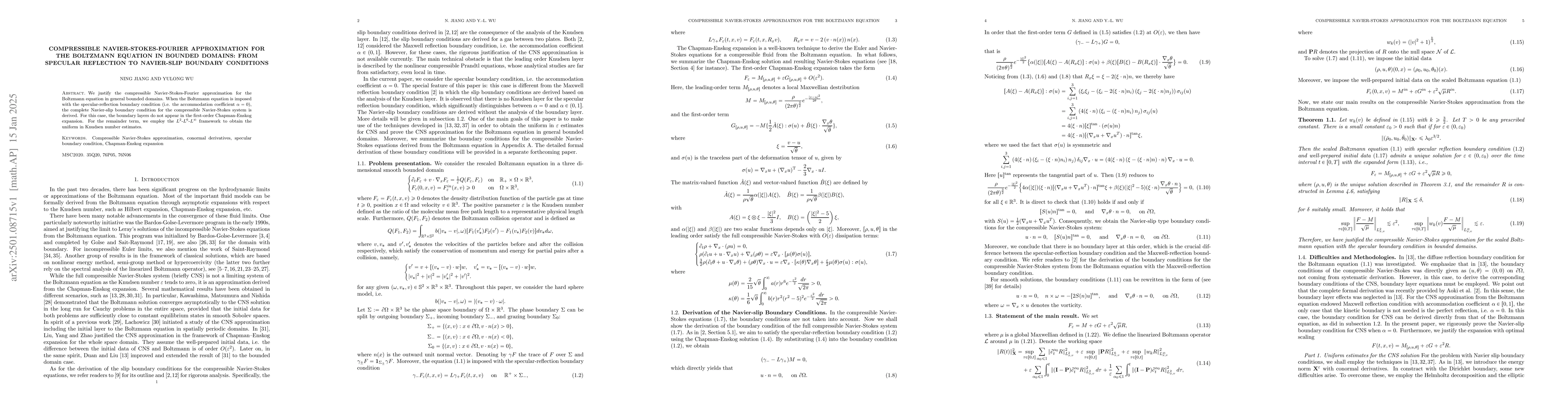 Thumbnail for Compressible Navier-Stokes-Fourier approximation for the Boltzmann
  equation in bounded domains: from specular reflection to Navier-slip boundary
  conditions