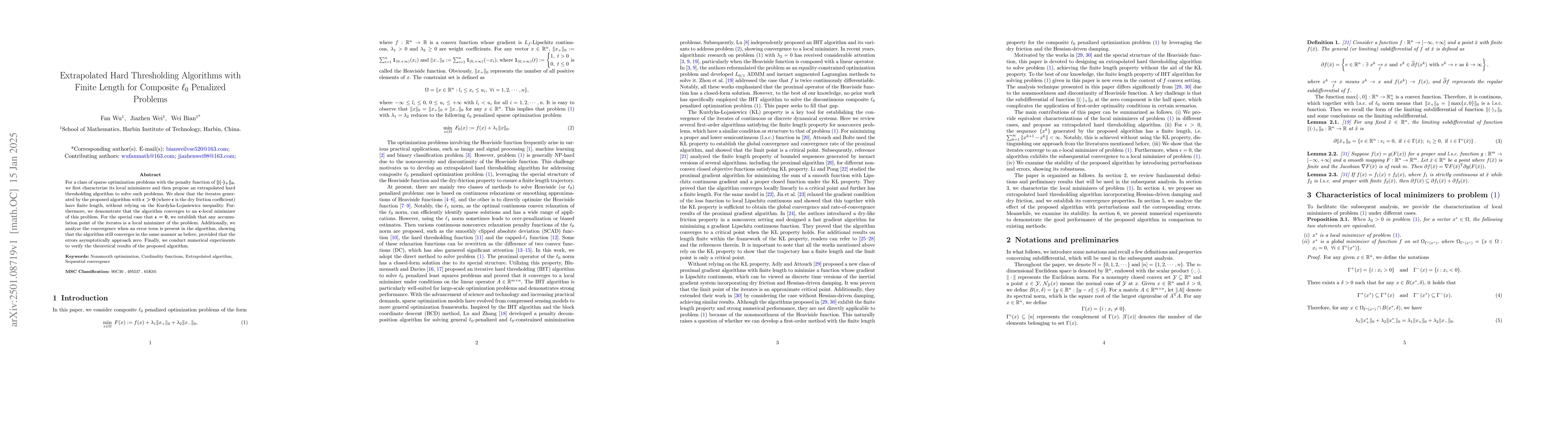 Thumbnail for Extrapolated Hard Thresholding Algorithms with Finite Length for
  Composite $\ell_0$ Penalized Problems
