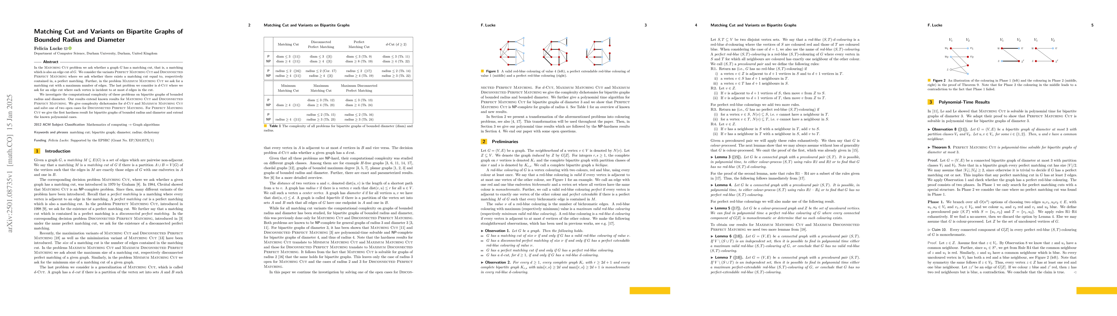 Thumbnail for Matching Cut and Variants on Bipartite Graphs of Bounded Radius and
  Diameter