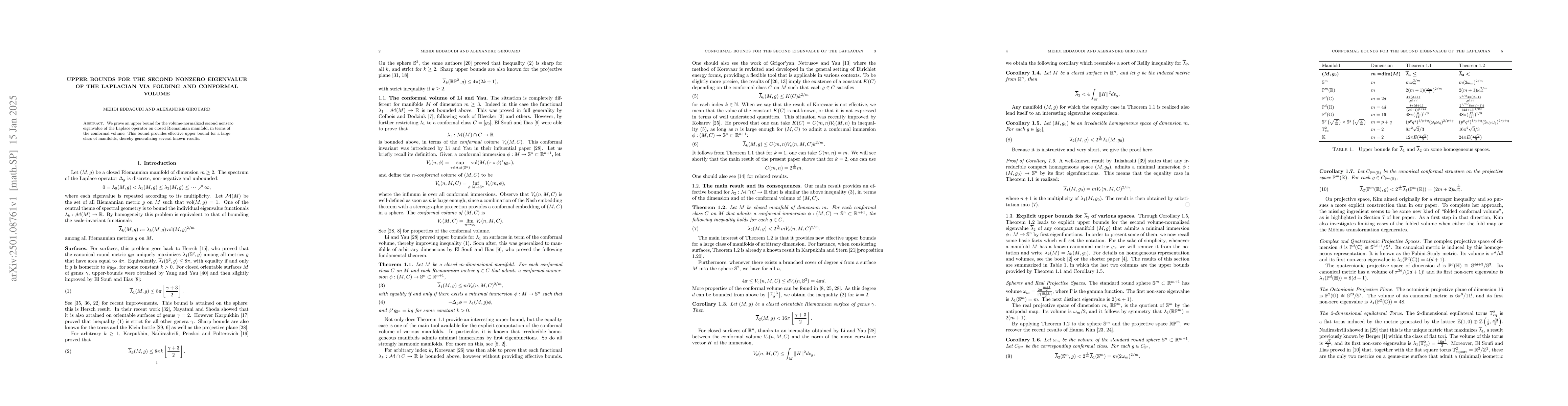 Thumbnail for Upper bounds for the second nonzero eigenvalue of the Laplacian via
  folding and conformal volume