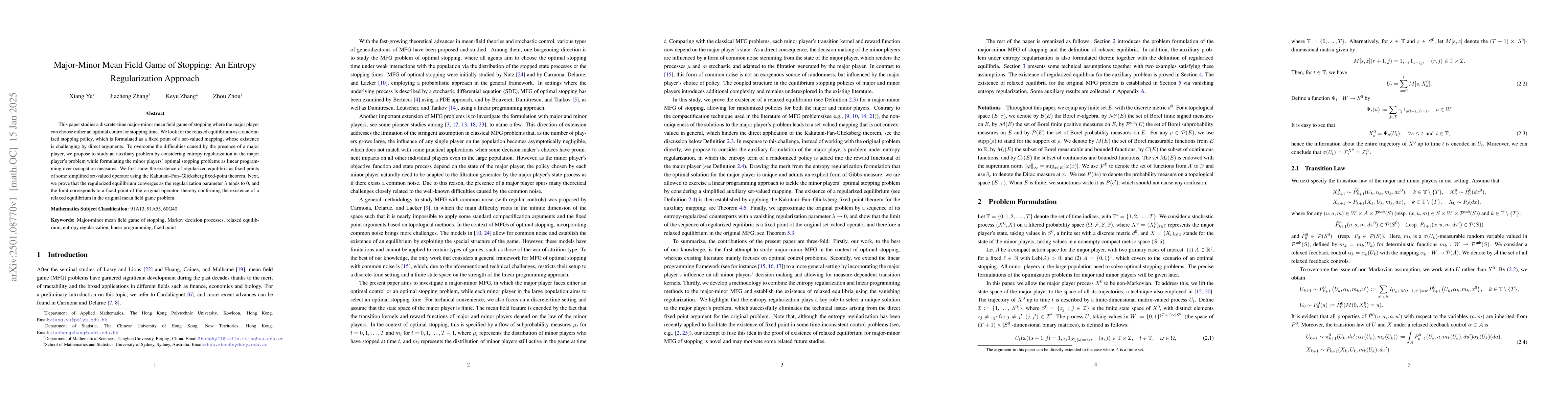 Thumbnail for Major-Minor Mean Field Game of Stopping: An Entropy Regularization
  Approach