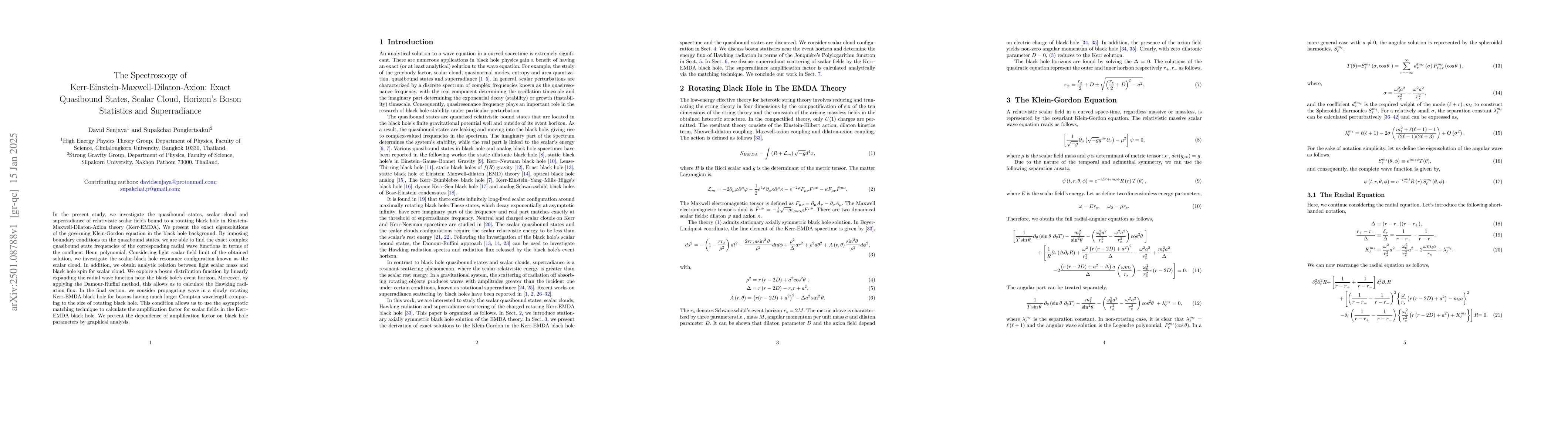 Thumbnail for The Spectroscopy of Kerr-Einstein-Maxwell-Dilaton-Axion: Exact
  Quasibound States, Scalar Cloud, Horizon's Boson Statistics and Superradiance