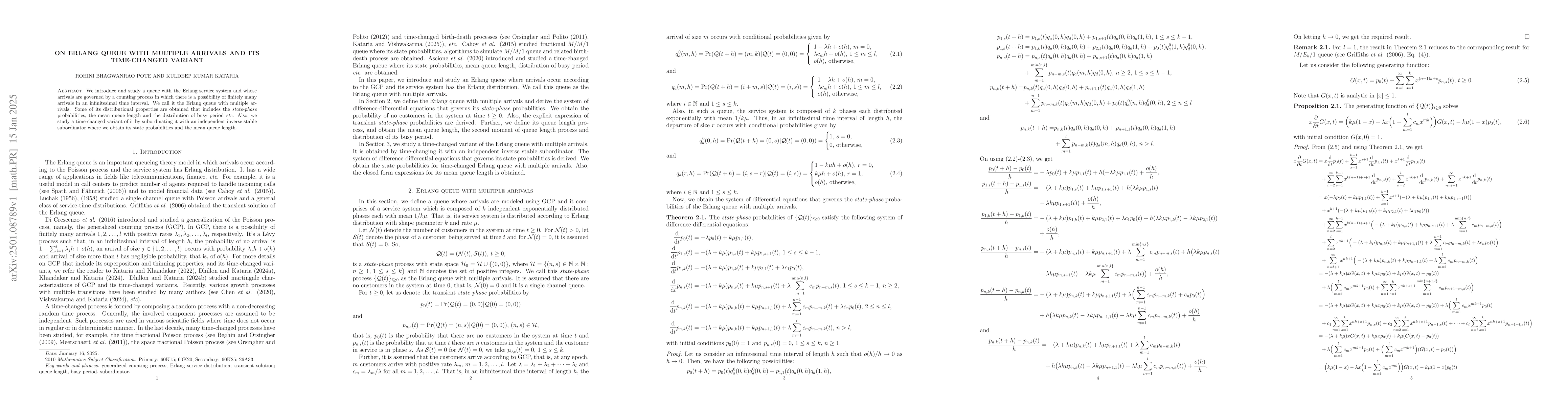 Thumbnail for On Erlang Queue with Multiple Arrivals and its Time-changed Variant