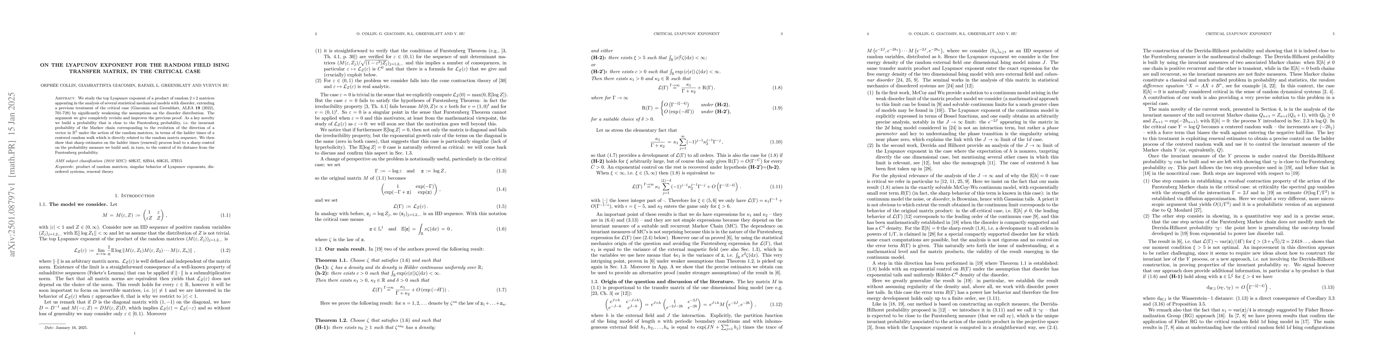 Thumbnail for On the Lyapunov exponent for the random field Ising transfer matrix, in
  the critical case