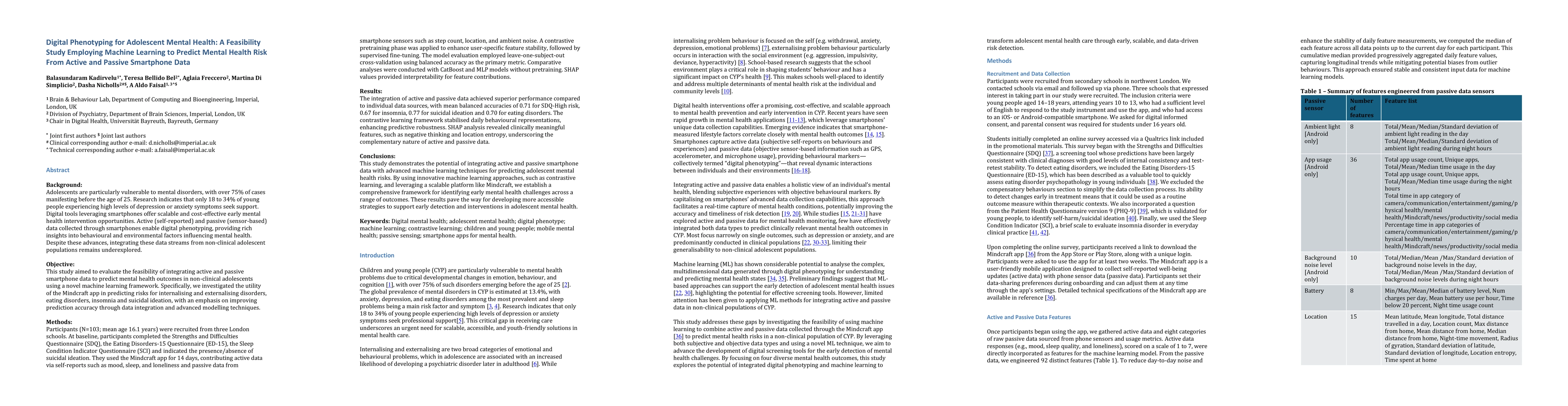 Thumbnail for Digital Phenotyping for Adolescent Mental Health: A Feasibility Study
  Employing Machine Learning to Predict Mental Health Risk From Active and
  Passive Smartphone Data