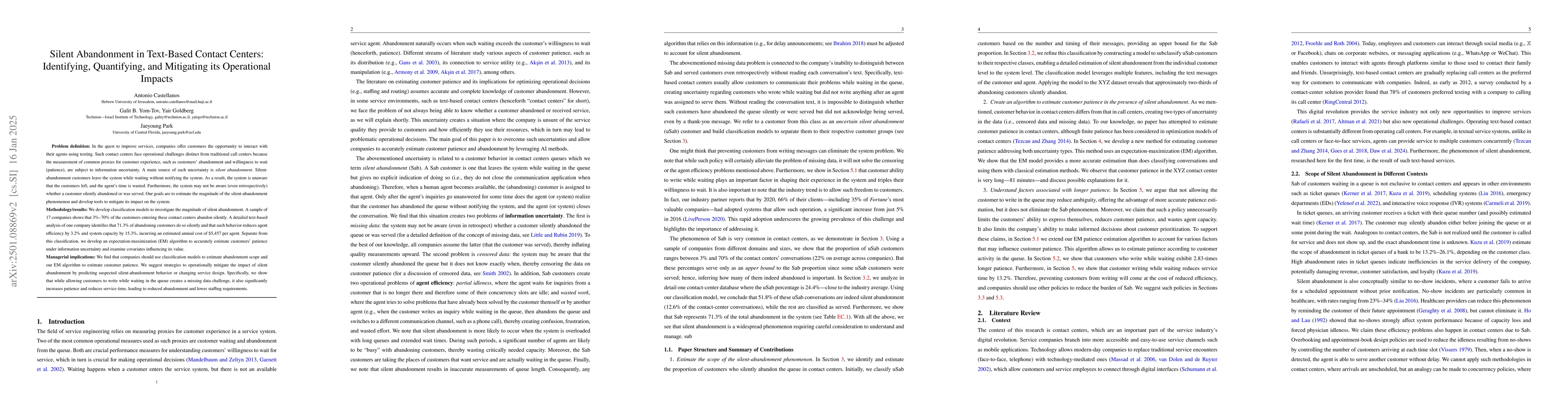 Thumbnail for Silent Abandonment in Text-Based Contact Centers: Identifying,
  Quantifying, and Mitigating its Operational Impacts