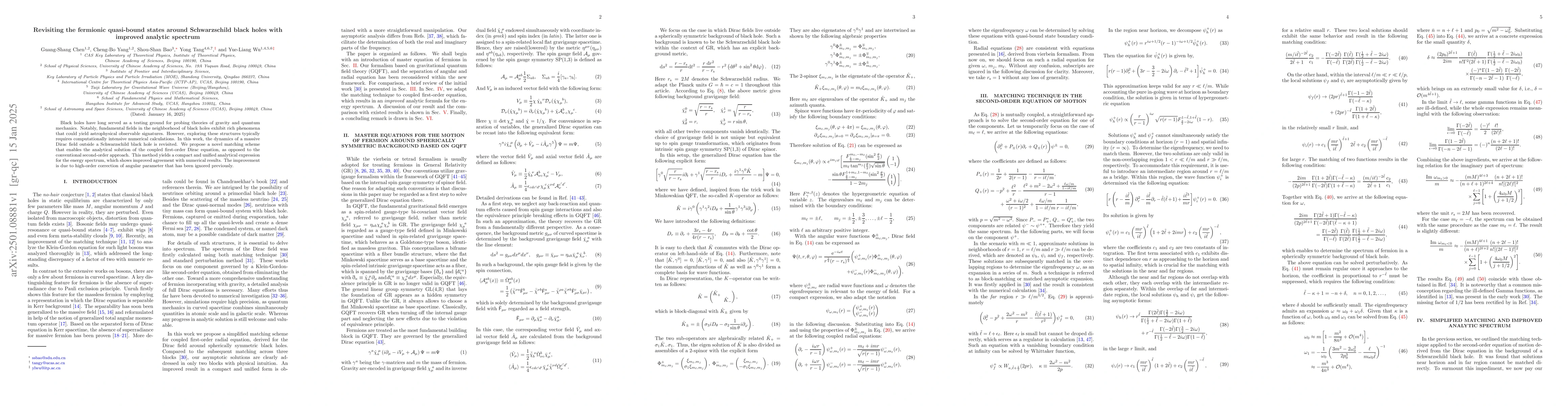 Thumbnail for Revisiting the fermionic quasi-bound states around Schwarzschild black
  holes with improved analytic spectrum