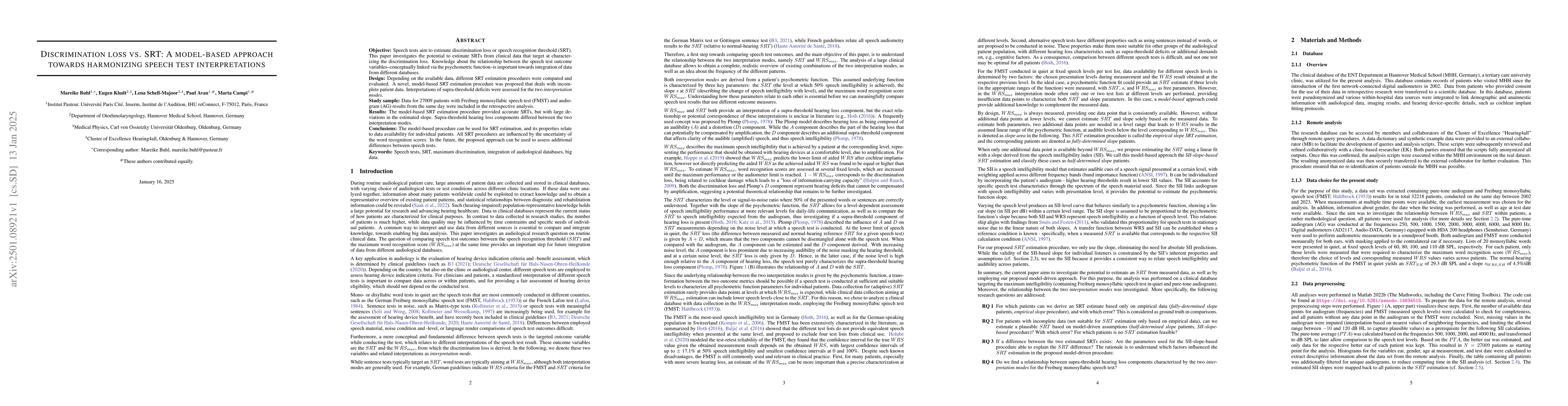 Thumbnail for Discrimination loss vs. SRT: A model-based approach towards harmonizing
  speech test interpretations