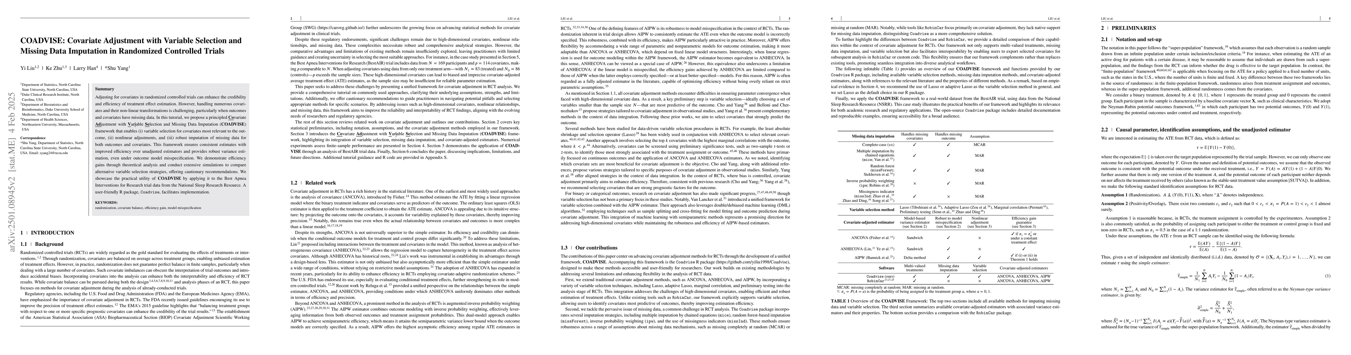Thumbnail for COADVISE: Covariate Adjustment with Variable Selection and Missing Data
  Imputation in Randomized Controlled Trials