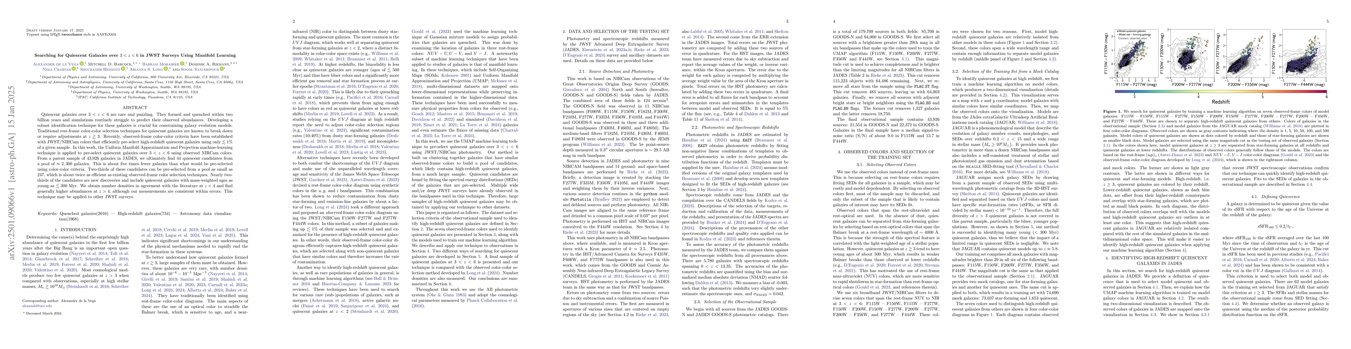 Thumbnail for Searching for Quiescent Galaxies over $3 < z < 6$ in JWST Surveys Using
  Manifold Learning
