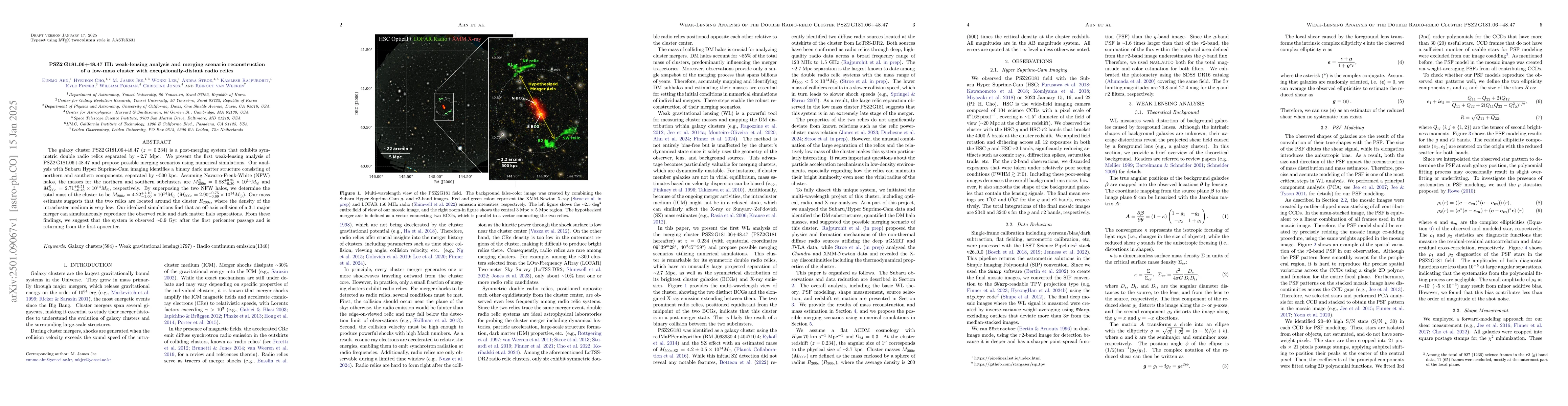 Thumbnail for PSZ2 G181.06+48.47 III: weak-lensing analysis and merging scenario
  reconstruction of a low-mass cluster with exceptionally-distant radio relics
