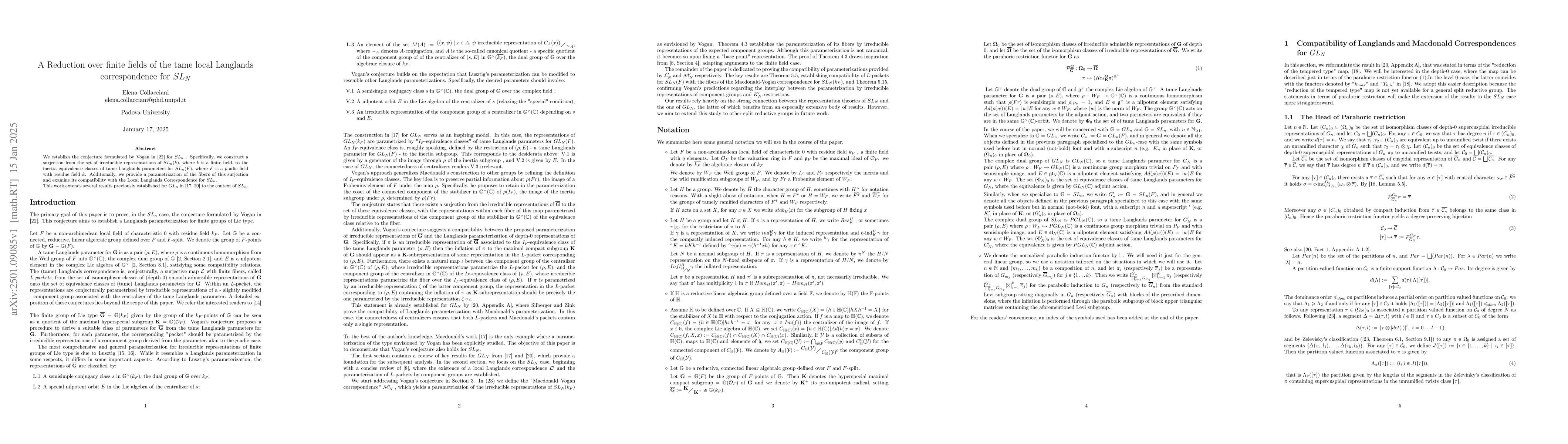 Thumbnail for A Reduction over finite fields of the tame local Langlands
  correspondence for SLn