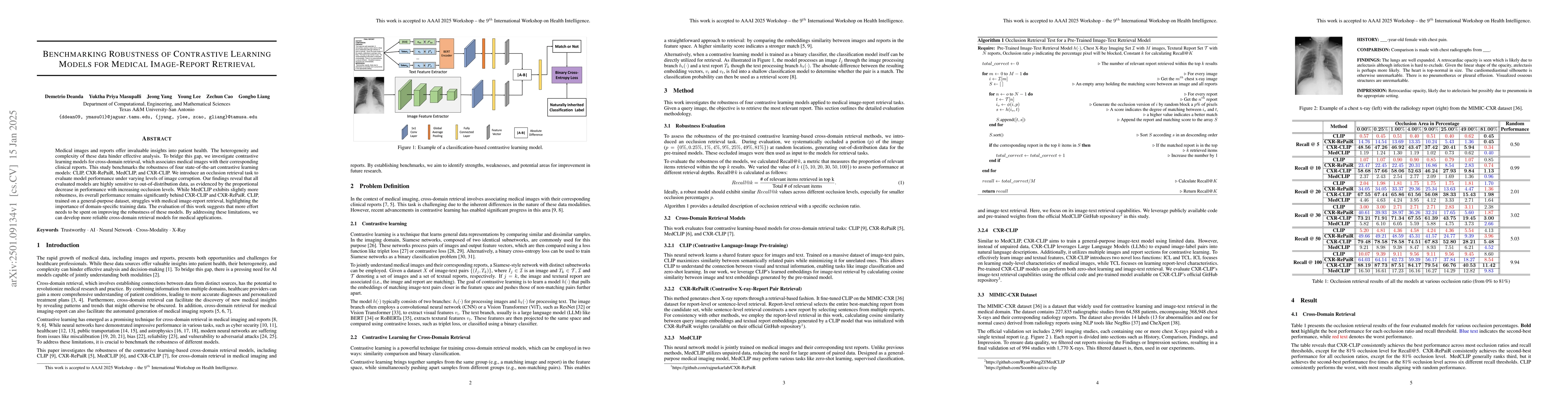 Thumbnail for Benchmarking Robustness of Contrastive Learning Models for Medical
  Image-Report Retrieval