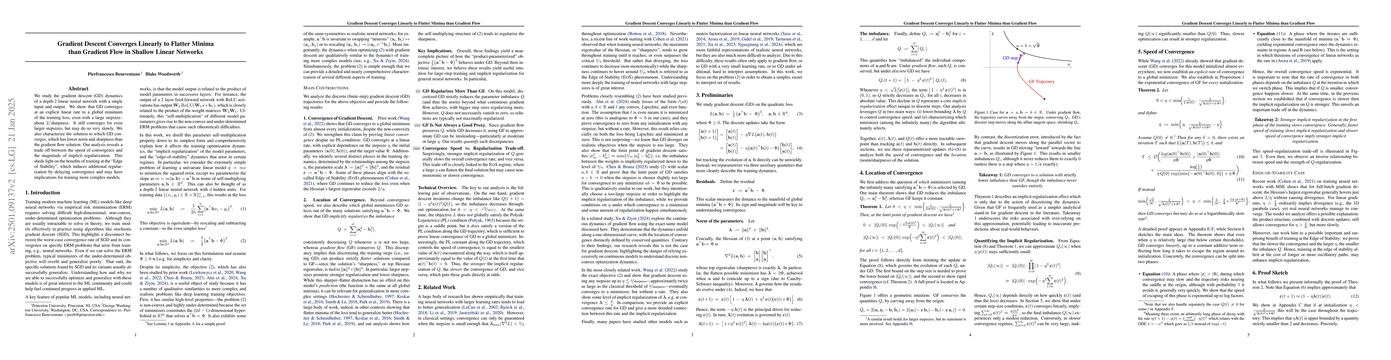 Thumbnail for Gradient Descent Converges Linearly to Flatter Minima than Gradient Flow
  in Shallow Linear Networks
