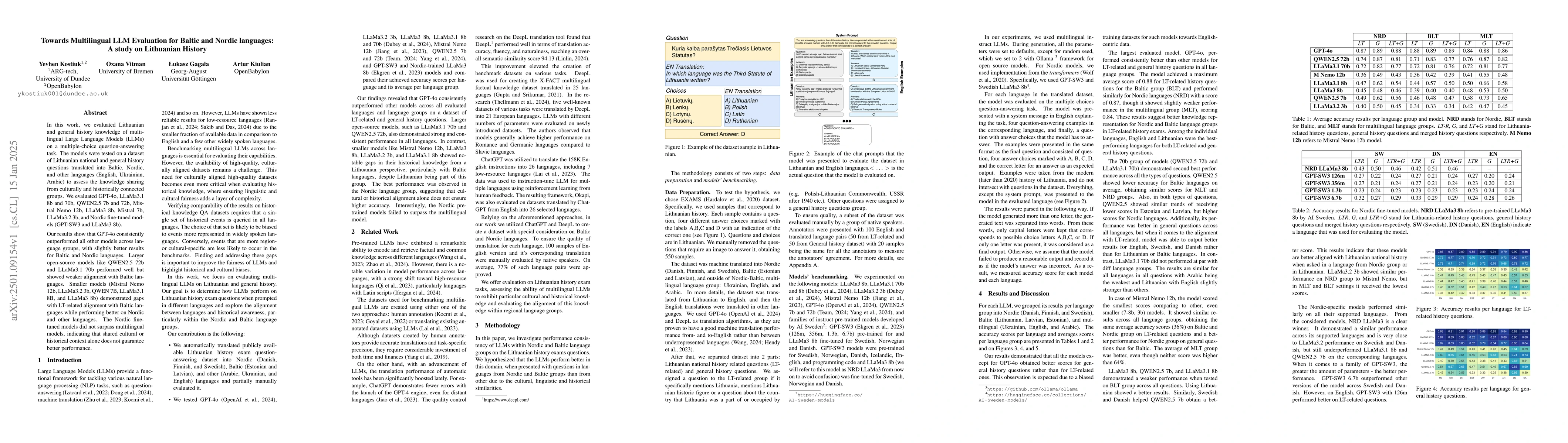 Thumbnail for Towards Multilingual LLM Evaluation for Baltic and Nordic languages: A
  study on Lithuanian History