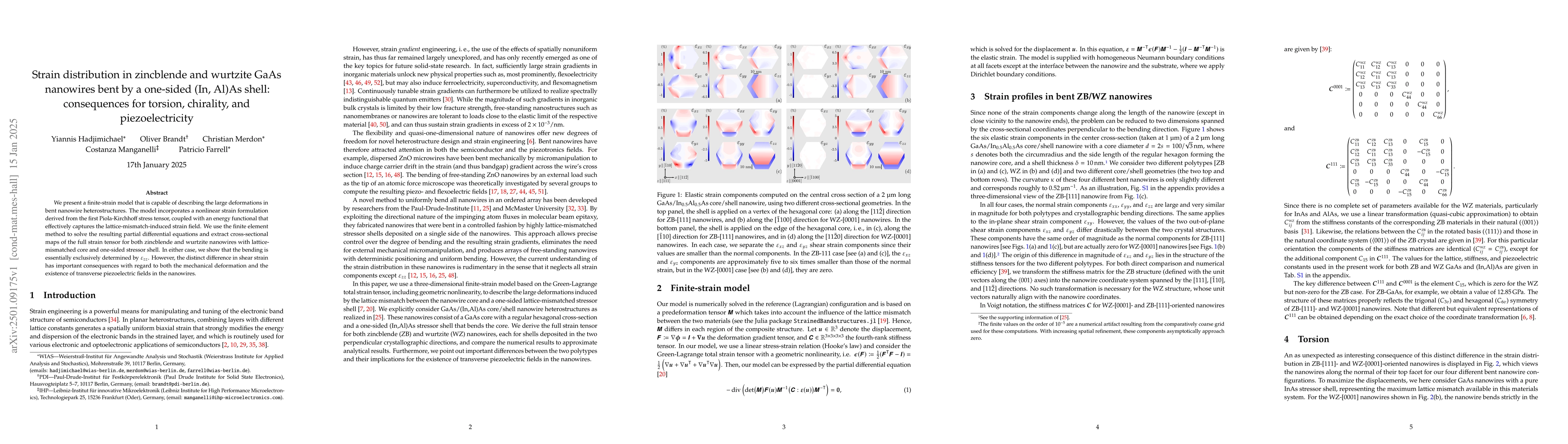 Thumbnail for Strain distribution in zincblende and wurtzite GaAs nanowires bent by a
  one-sided (In, Al)As stressor shell: consequences for torsion, chirality, and
  piezoelectricity