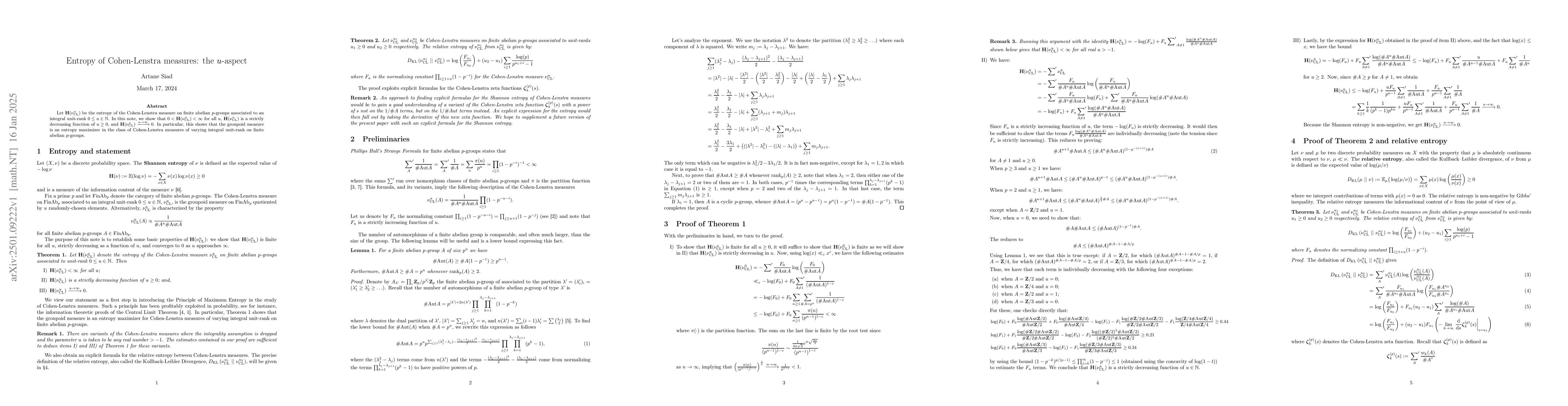 Thumbnail for Entropy of Cohen-Lenstra measures: the $u$-aspect