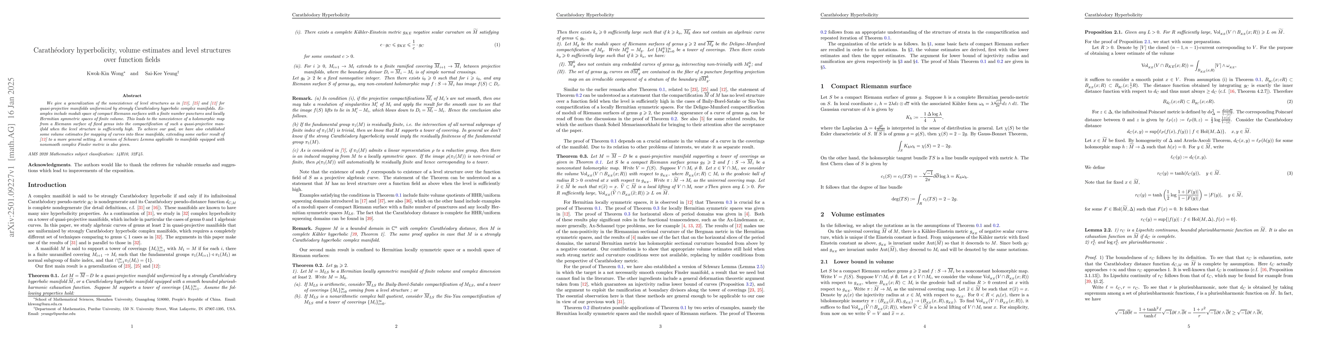 Thumbnail for CarathĂŠodory hyperbolicity, volume estimates and level structures over
  function fields