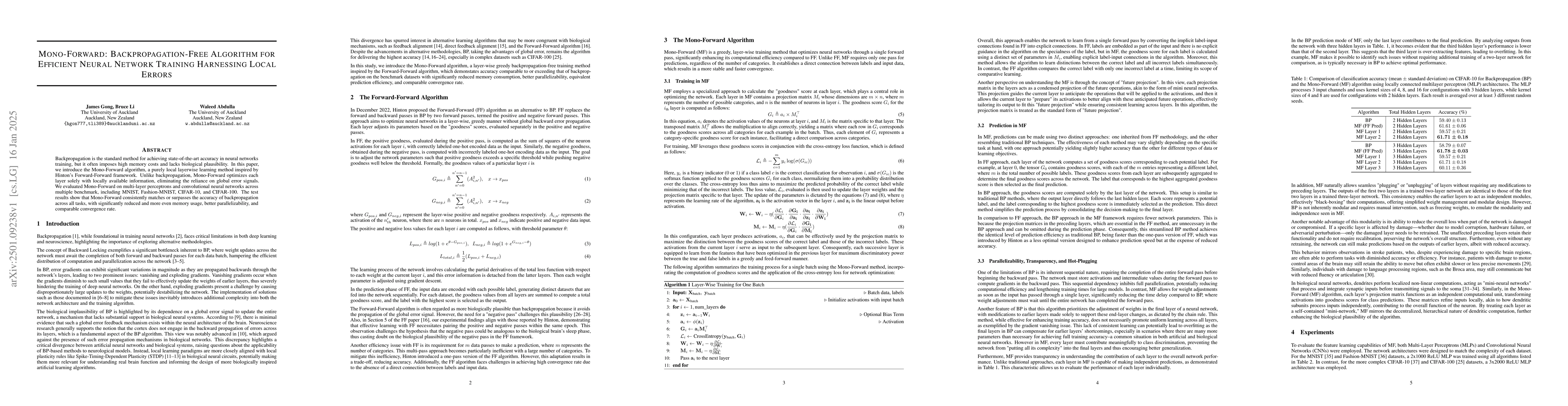 Thumbnail for Mono-Forward: Backpropagation-Free Algorithm for Efficient Neural
  Network Training Harnessing Local Errors