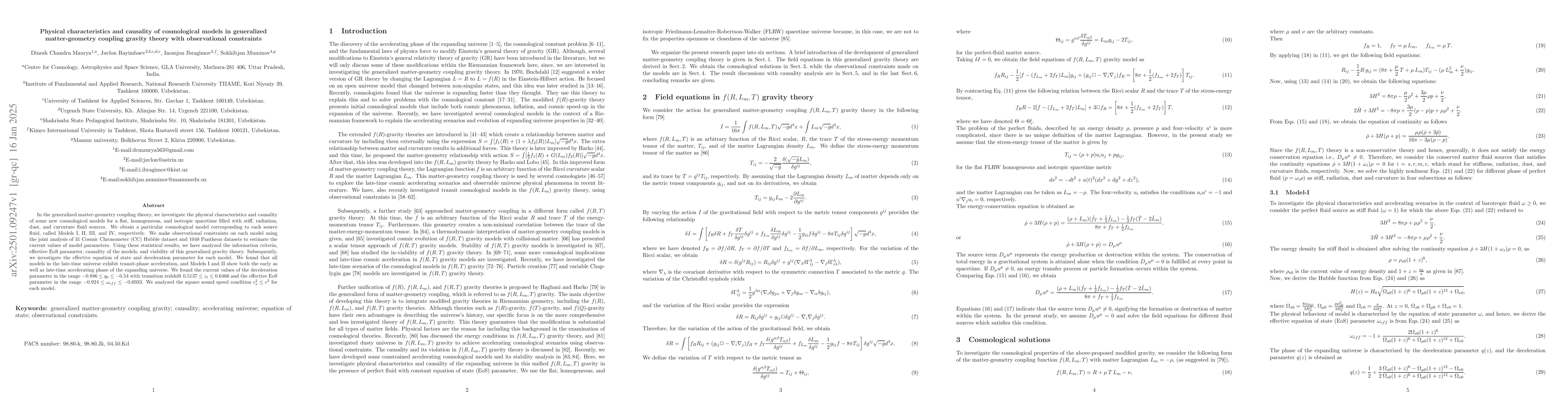 Thumbnail for Physical characteristics and causality of cosmological models in
  generalized matter-geometry coupling gravity theory with observational
  constraints