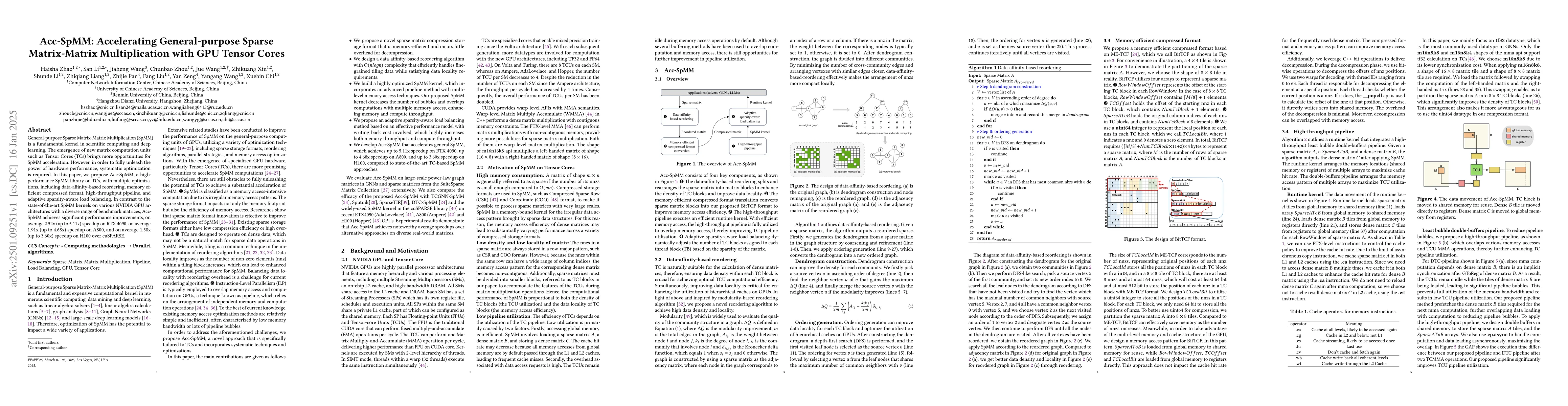 Thumbnail for Acc-SpMM: Accelerating General-purpose Sparse Matrix-Matrix
  Multiplication with GPU Tensor Cores