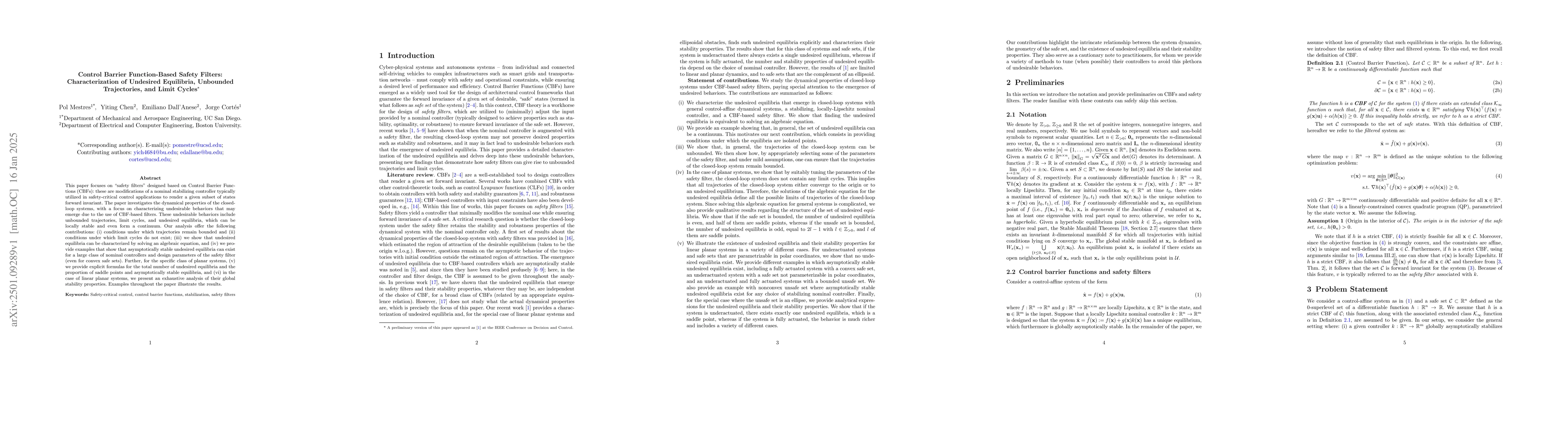 Thumbnail for Control Barrier Function-Based Safety Filters: Characterization of
  Undesired Equilibria, Unbounded Trajectories, and Limit Cycles