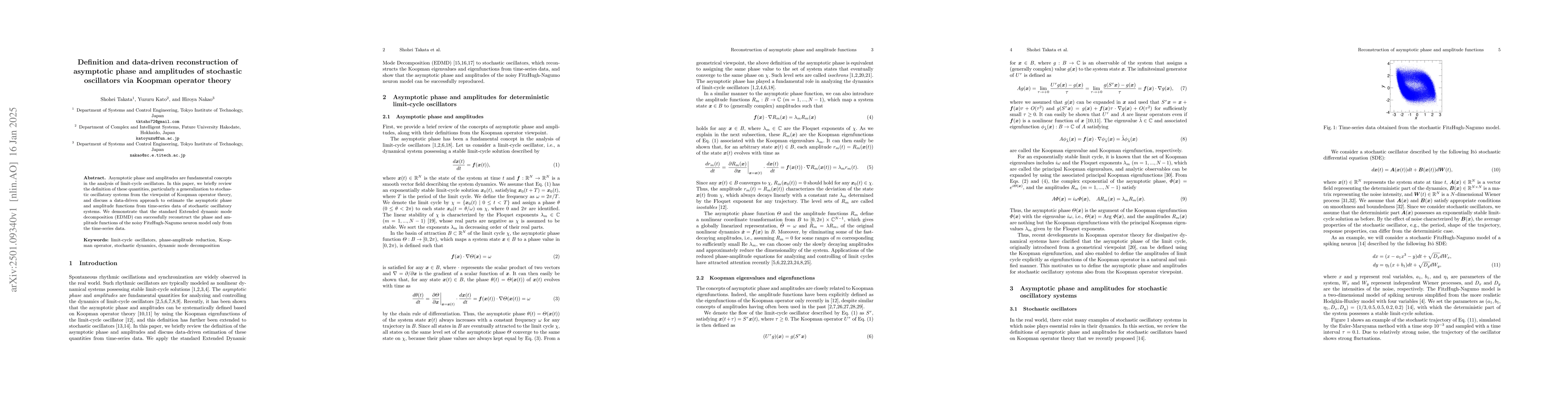 Thumbnail for Definition and data-driven reconstruction of asymptotic phase and
  amplitudes of stochastic oscillators via Koopman operator theory