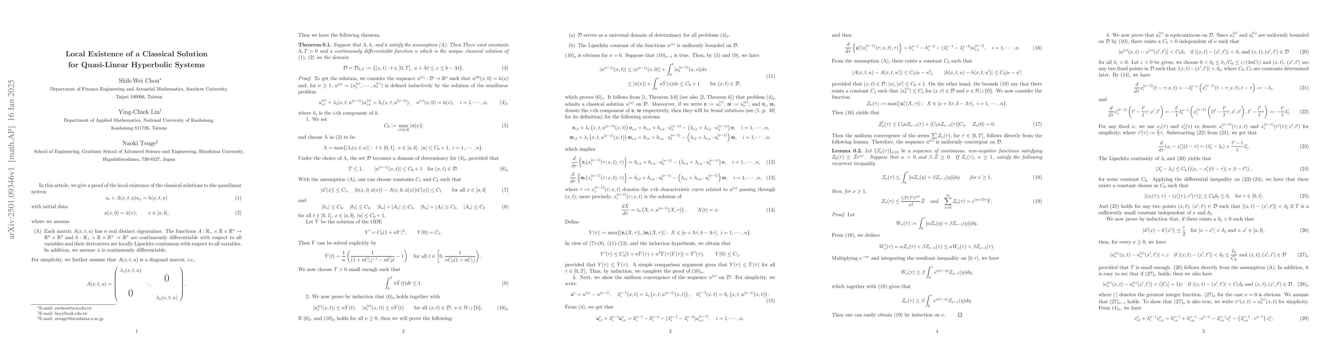 Thumbnail for Local Existence of a Classical Solution for Quasi-Linear Hyperbolic
  Systems