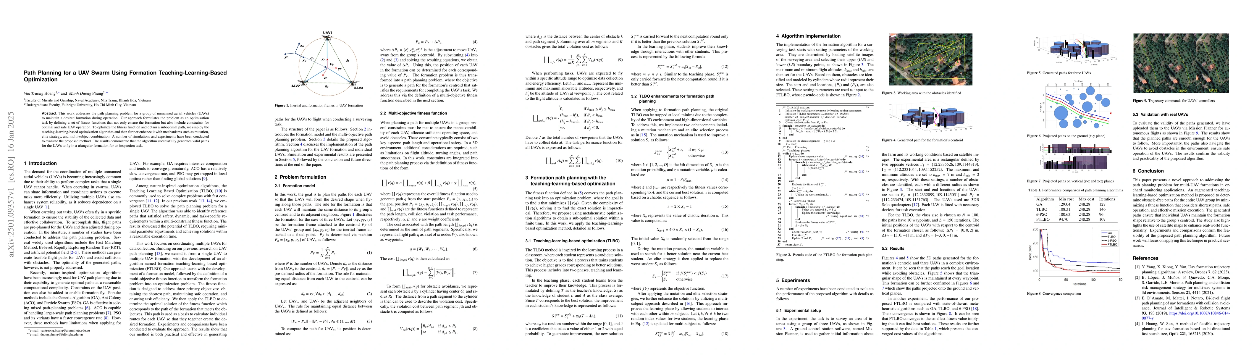 Thumbnail for Path Planning for a UAV Swarm Using Formation Teaching-Learning-Based
  Optimization