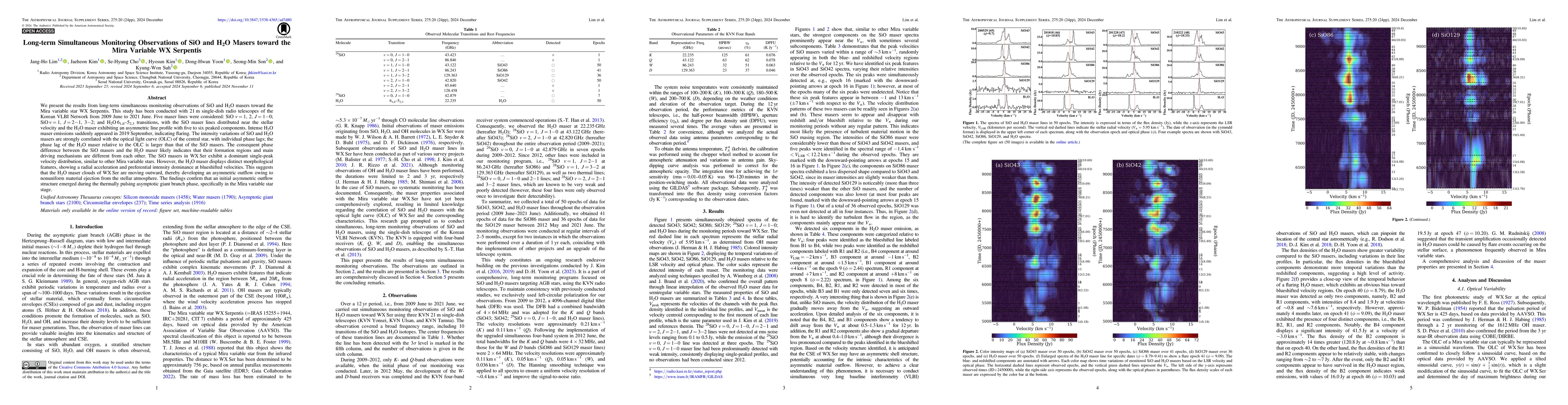 Thumbnail for Long-term Simultaneous Monitoring Observations of SiO and H2O Masers
  toward the Mira Variable WX Serpentis
