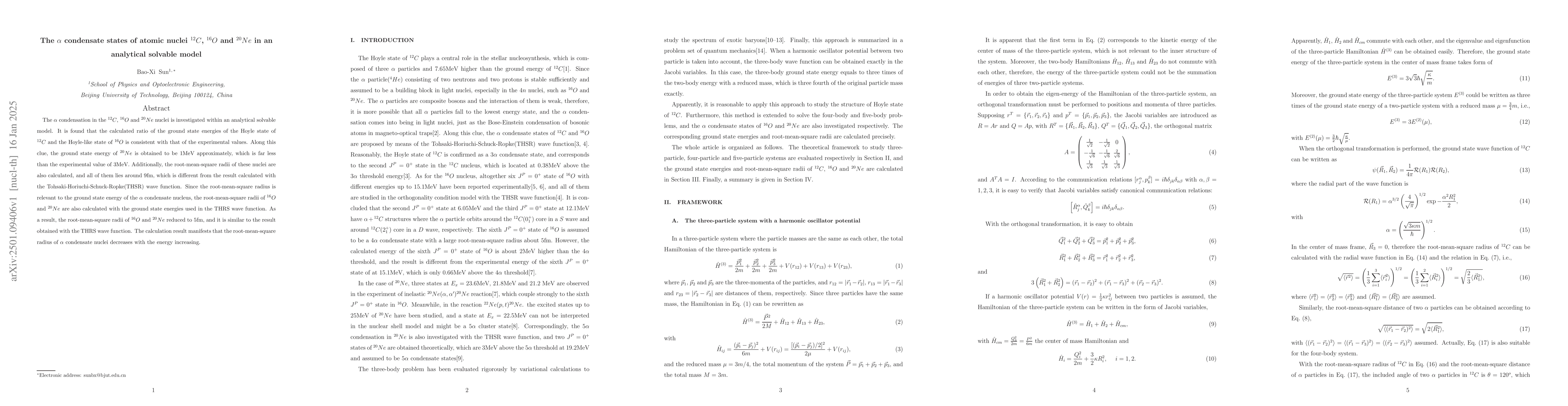 Thumbnail for The $α$ condensate states of atomic nuclei ${}^{12}C$, ${}^{16}O$
  and ${}^{20}Ne$ in an analytical solvable model