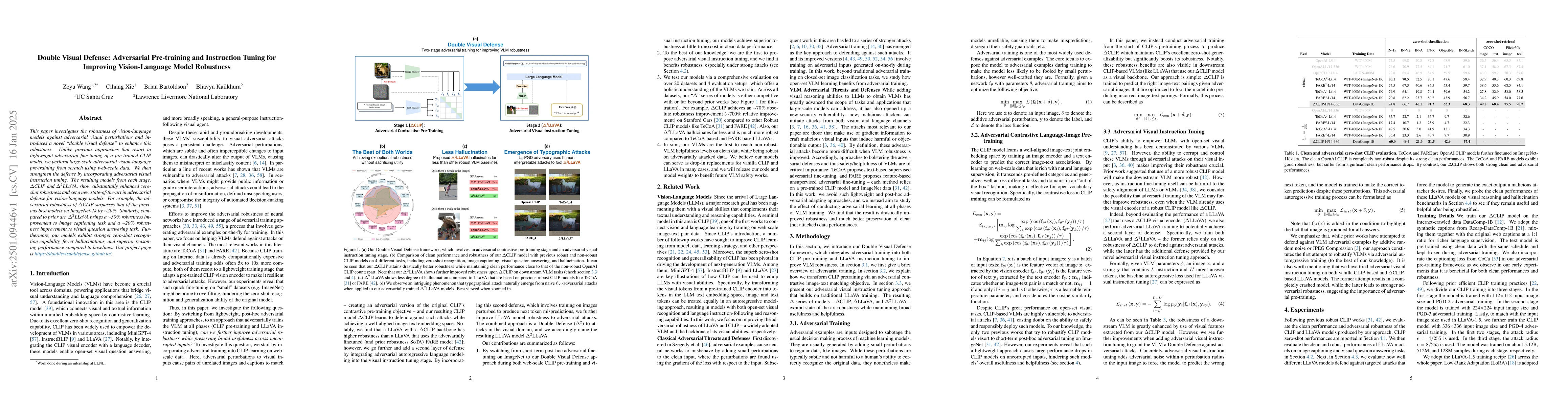 Thumbnail for Double Visual Defense: Adversarial Pre-training and Instruction Tuning
  for Improving Vision-Language Model Robustness