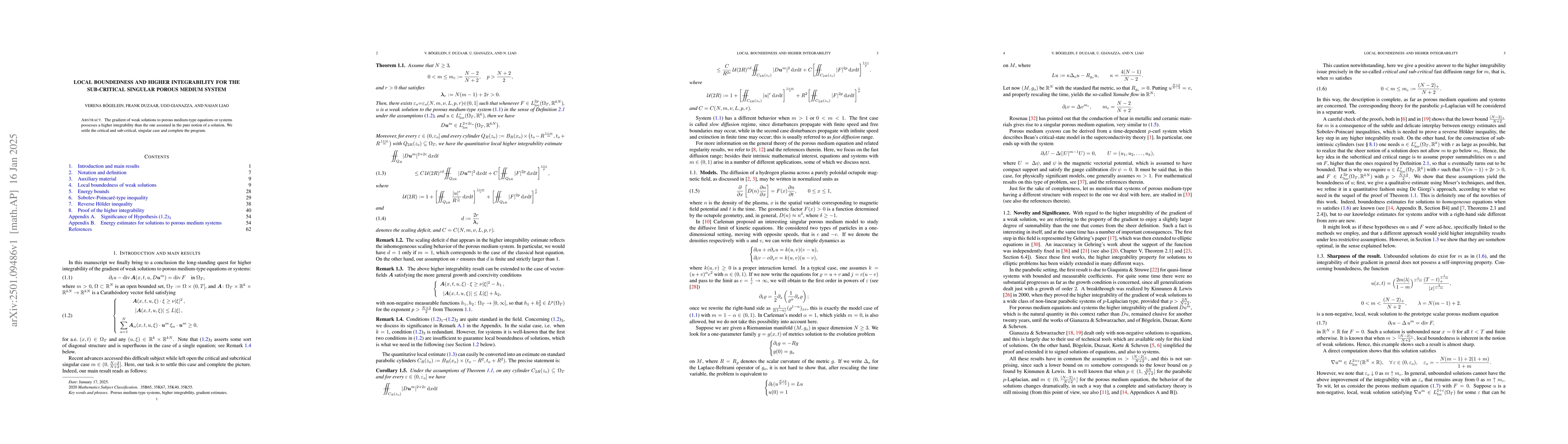 Thumbnail for Local boundedness and higher integrability for the sub-critical singular
  porous medium system