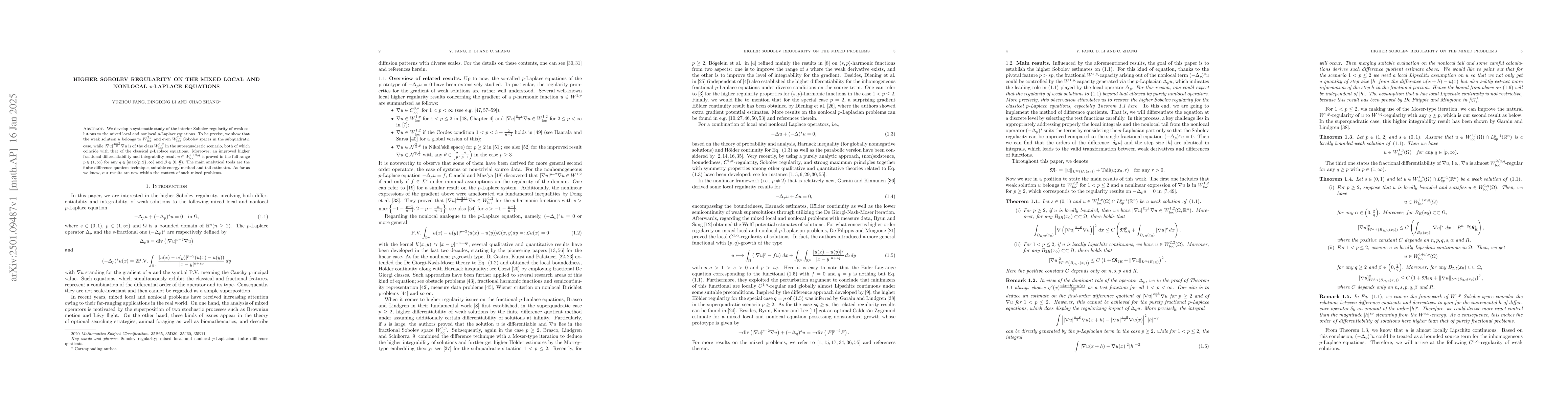Thumbnail for Higher Sobolev regularity on the mixed local and nonlocal p-Laplace
  equations